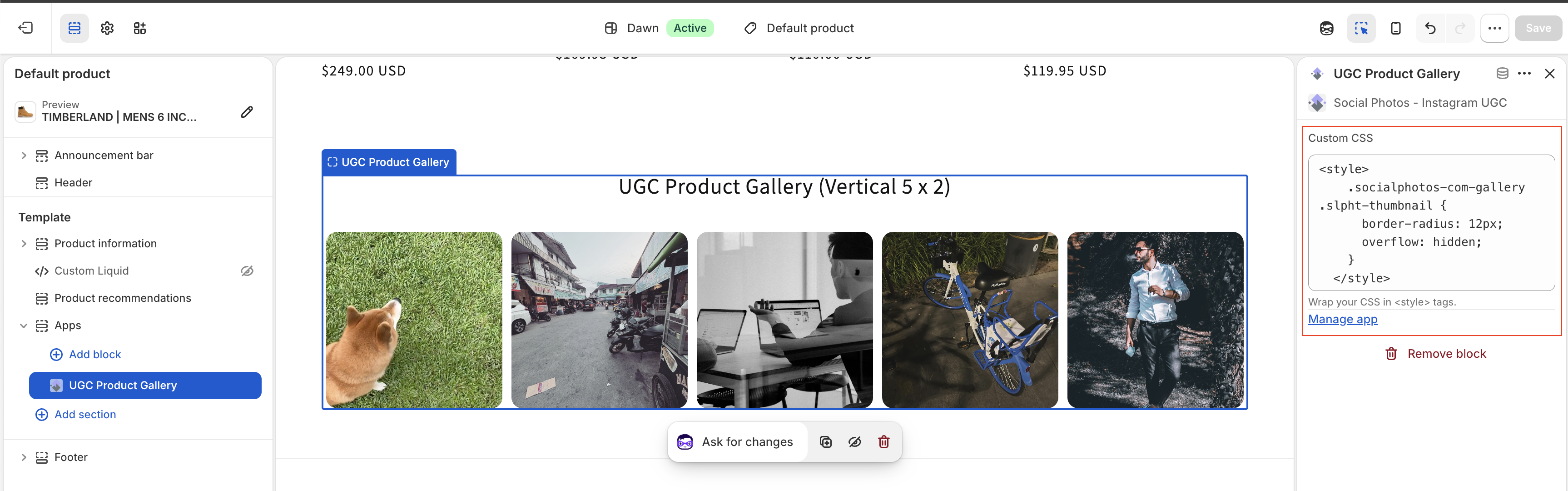 Custom CSS field in the Shopify theme editor app block sidebar, with rounded thumbnails in the preview